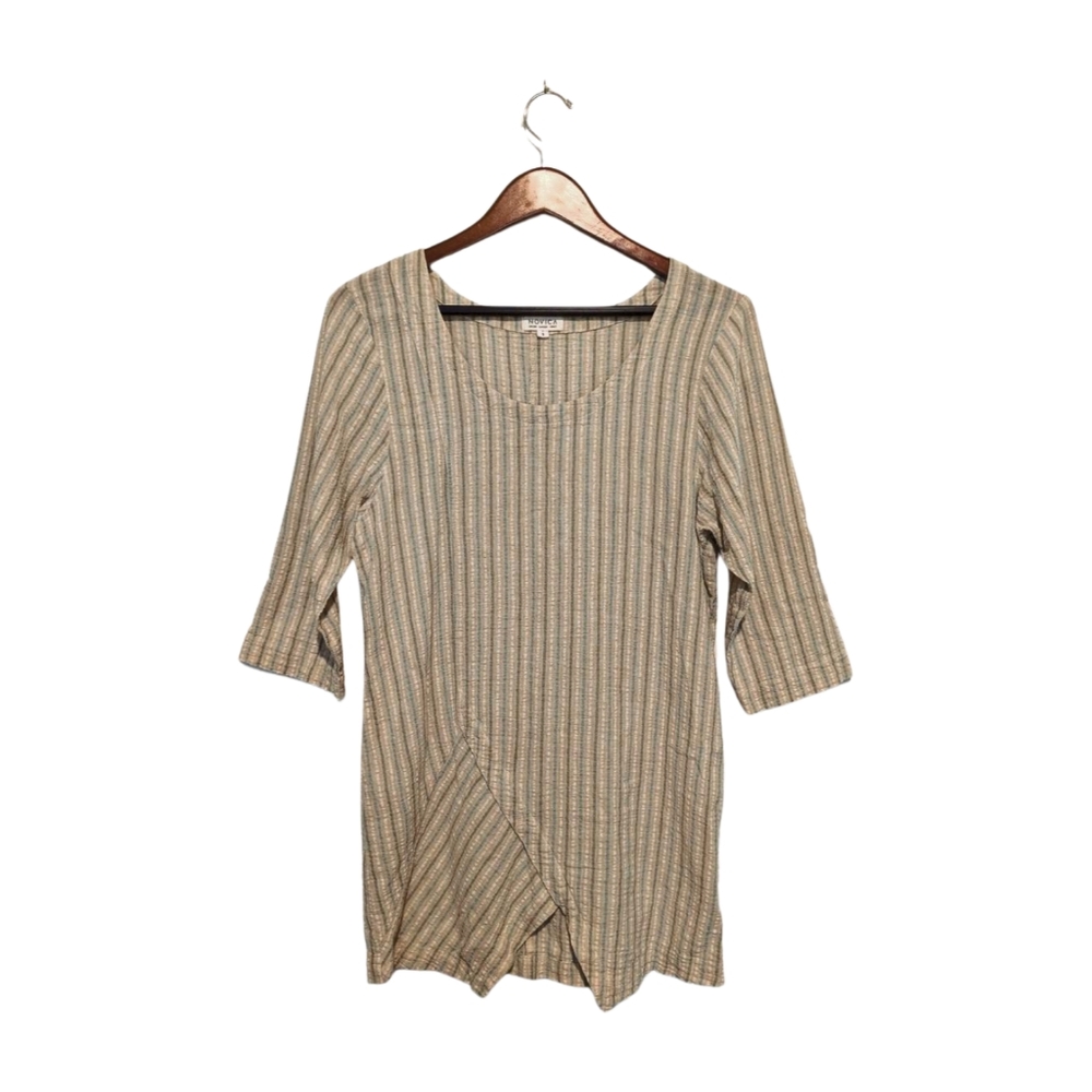 NOVICA Artsy Seersucker Cotton Striped Tunic Top S